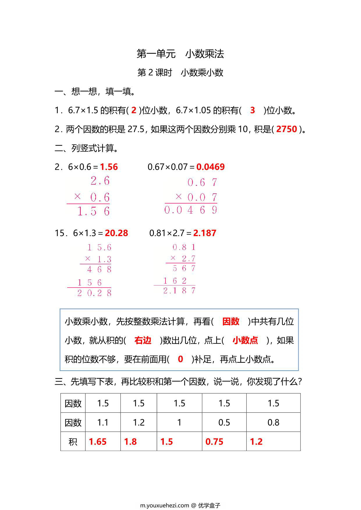 图片[3]-五年级上册数学一课一练-第一单元 小数乘法 第2课时　小数乘小数（含详细解析）人教版，6页PDF可打印-优学盒子